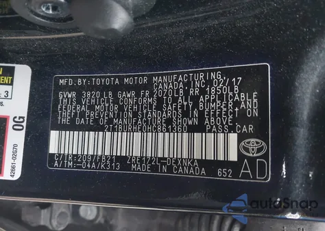 2017 Toyota Corolla Le из США, поврежденный, VIN 2T1BURHE0HC861360